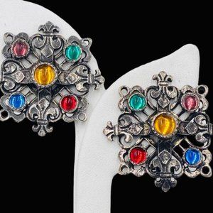 Vintage Jeweled Fleur-de-Lis Pewter Tone Earrings